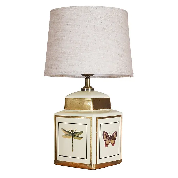 PR Home Tischleuchte Lucca - 40 W, E27 - Weiße Keramik-Tischlampe mit Goldakzenten und Insektenillustrationen auf dem Fuß, mit natürlichem Leinenschirm.