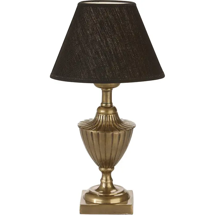 PR Home Tischleuchte Pollino - 5 W, E27 - Tischlampe mit gerilltem Messingfuß und schwarzem Textil-Lampenschirm.