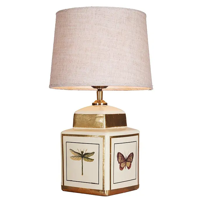 PR Home Tischleuchte Lucca - 40 W, E27 - Elegante Tischlampe mit hellem Stoffschirm und cremefarbenem Sockel mit Goldakzenten und Insektenillustrationen.