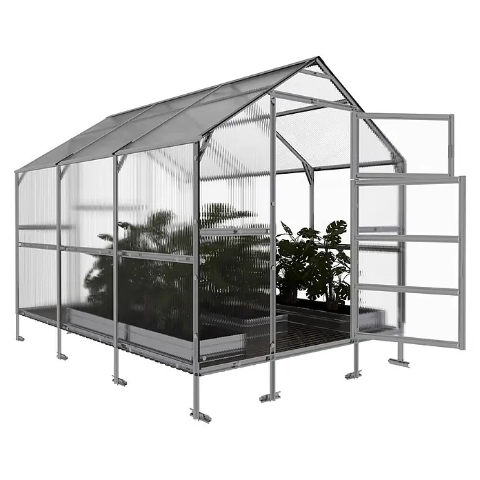 Klasika Greenhouses Gewächshaus Bernard Klasika - Außenmaß inkl. Dachüberstand (B x T): 235 x 300 cm, Material Seitenwand: Kunststoff, 4 mm, Silbergrau - Gewächshaus mit grauem Metallrahmen, transparenten Platten, offener Tür und grünen Topfpflanzen.