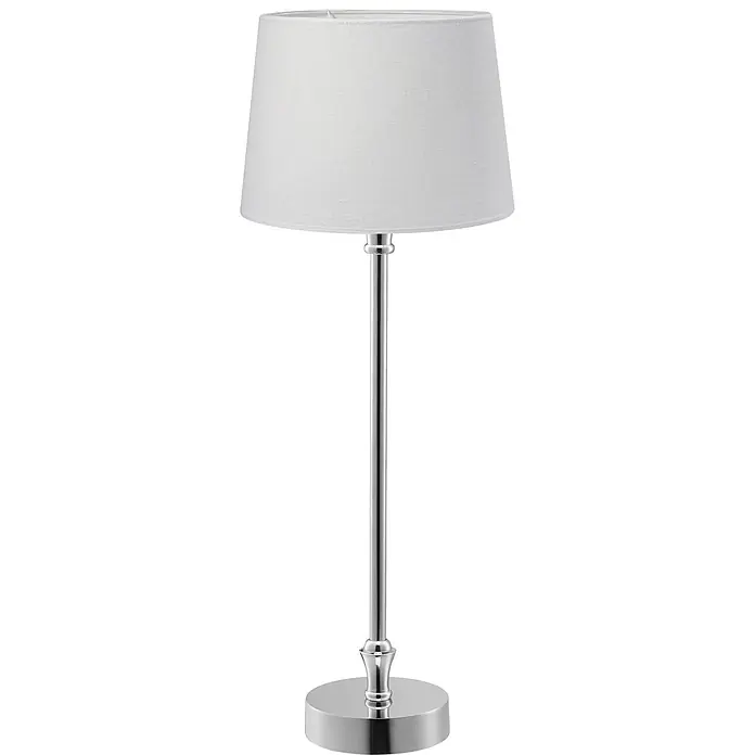 PR Home Tischleuchte Liam - 15 W, E27 - Weiße Stoff-Tischlampe mit silbernem Chrom-Metallfuß und -stiel.