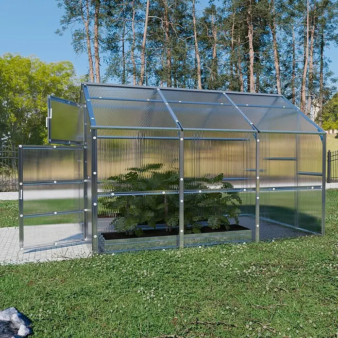 Klasika Greenhouses Gewächshaus Bernard Klasika - Außenmaß inkl. Dachüberstand (B x T): 235 x 300 cm, Material Seitenwand: Kunststoff, 4 mm, Silbergrau - Silbergerahmtes Polycarbonat-Gewächshaus mit Pflanzen auf einem gepflasterten Weg in einem sonnigen Garten.