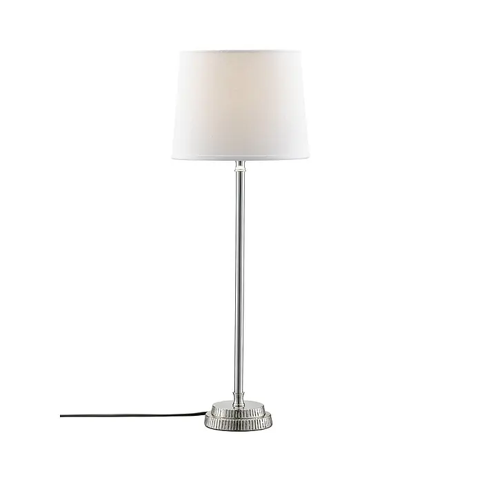 PR Home Tischleuchte Kent - 40 W, E27 - Tischlampe mit weißem Stoffschirm, schlankem silbernen Metallschaft und rundem, gerilltem Metallsockel.