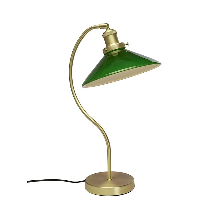 PR Home Tischleuchte Axel - 15 W, E27 - Grüne Schreibtischlampe mit gebogenem Messinggestell.