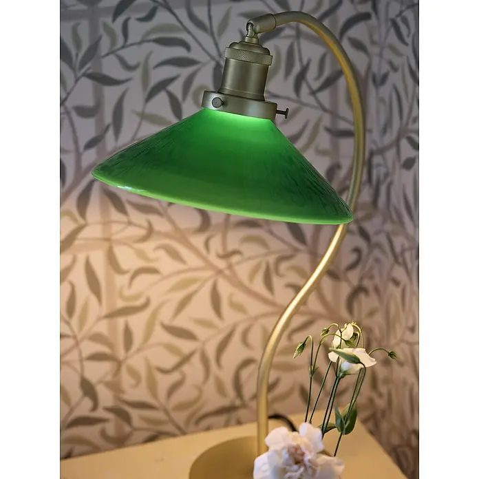 PR Home Tischleuchte Axel - 15 W, E27 - Beleuchtete Schreibtischlampe mit grünem Glasschirm und messingfarbenem Metallarm, die Licht auf eine Fläche und Blumen wirft.