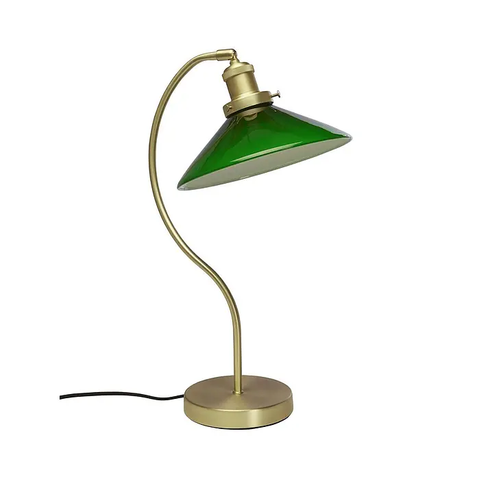 PR Home Tischleuchte Axel - 15 W, E27 - Messingfarbene Schreibtischlampe mit gebogenem Arm und grünem konischem Schirm.