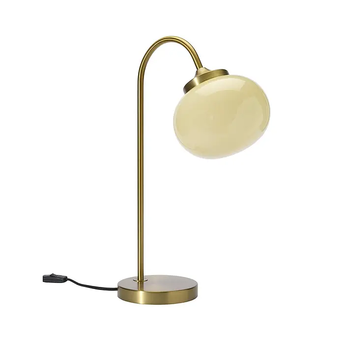 PR Home Tischleuchte Elsy - 240 W, E14 - Tischleuchte aus Messing mit gewölbtem Hals, rundem Fuß und cremfarbenem ovalem Glasschirm. Inline-Schalter am schwarzen Kabel.