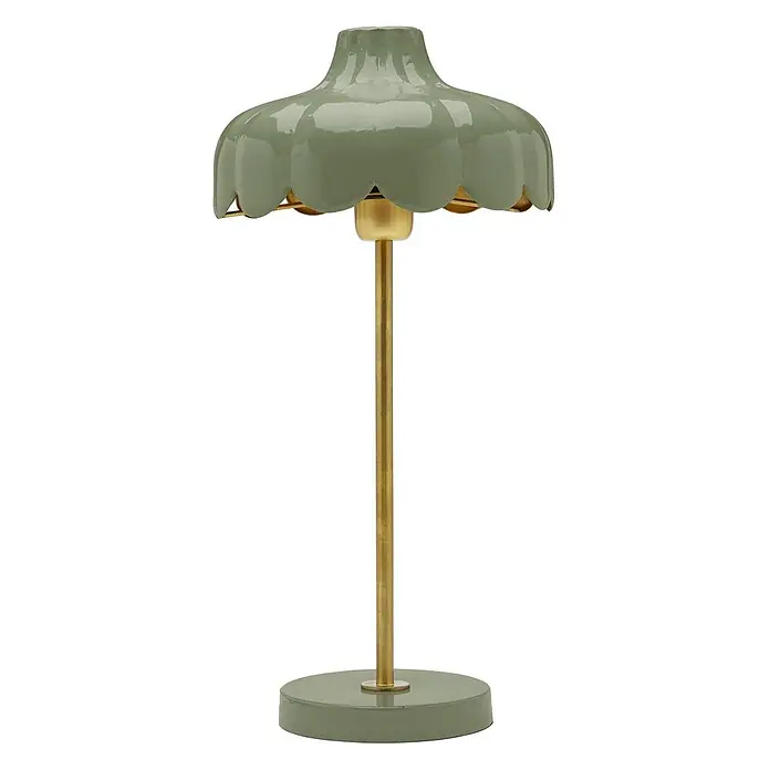 PR Home Tischleuchte Wells - 25 W, E27 - Tischlampe mit salbeigrüner Muschelschirm und rundem Fuß, mit Messingstiel.