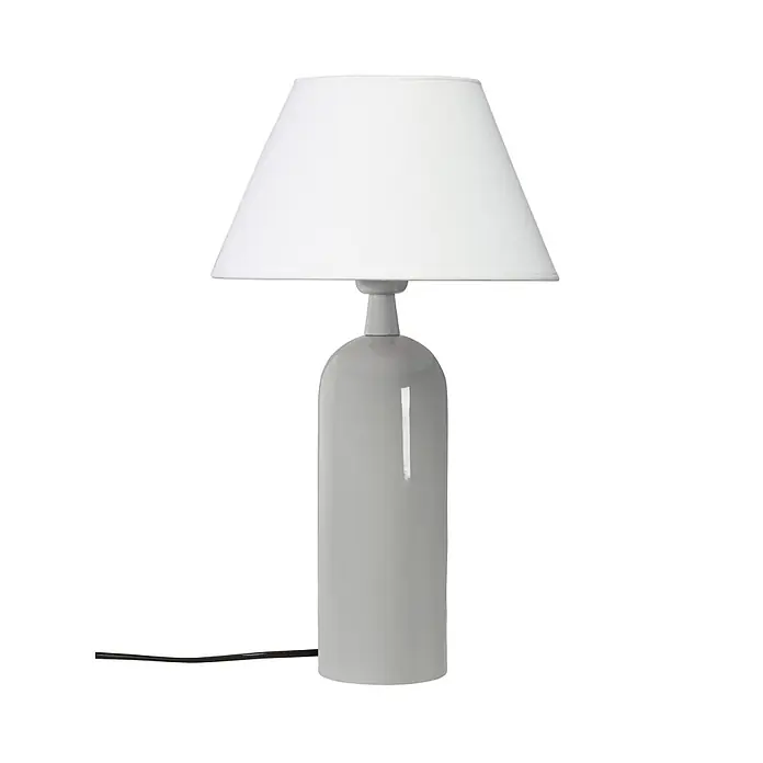 PR Home Tischleuchte Carter - 40 W, E27 - Moderne Tischlampe mit weißem konischem Schirm und glattem grauem zylindrischem Fuß, mit schwarzem Stromkabel.