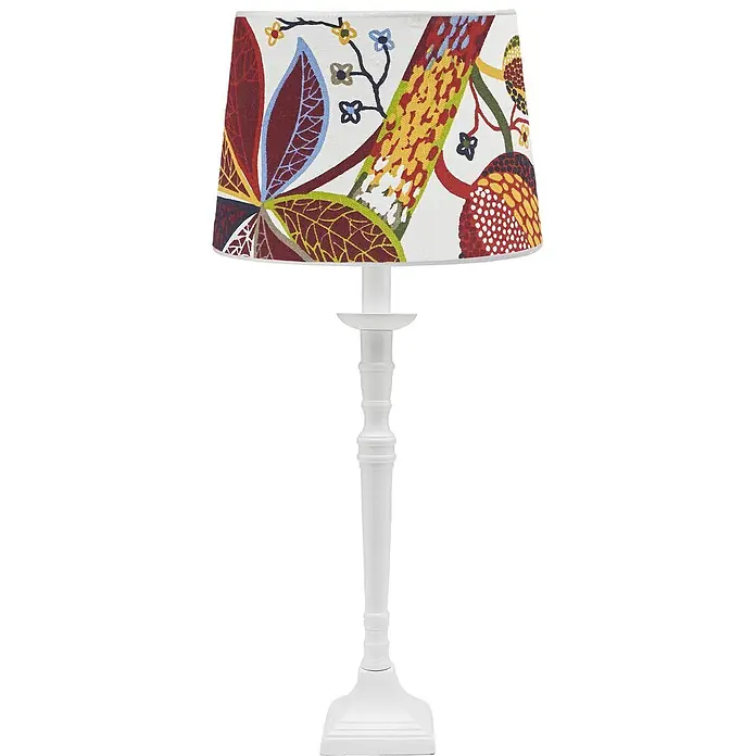 PR Home Tischleuchte Salong - 60 W, E27 - Weiße Lampe mit farbigem Trommelschirm mit Blumen-/Blattmuster.