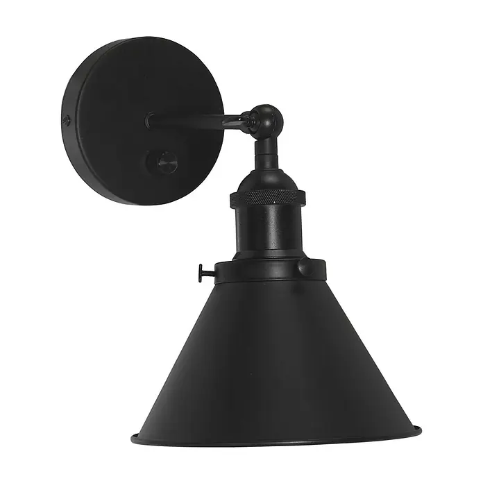 PR Home Wandleuchte Anton - 25 W, E27 - Mattschwarze Metall-Wandleuchte mit konischem Schirm, verstellbarem Arm und integriertem Drehschalter.
