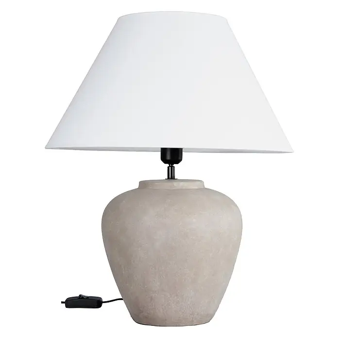 PR Home Tischleuchte Lilly - 15 W, E27 - Beige Keramiktischlampe mit weißem konischem Lampenschirm.
