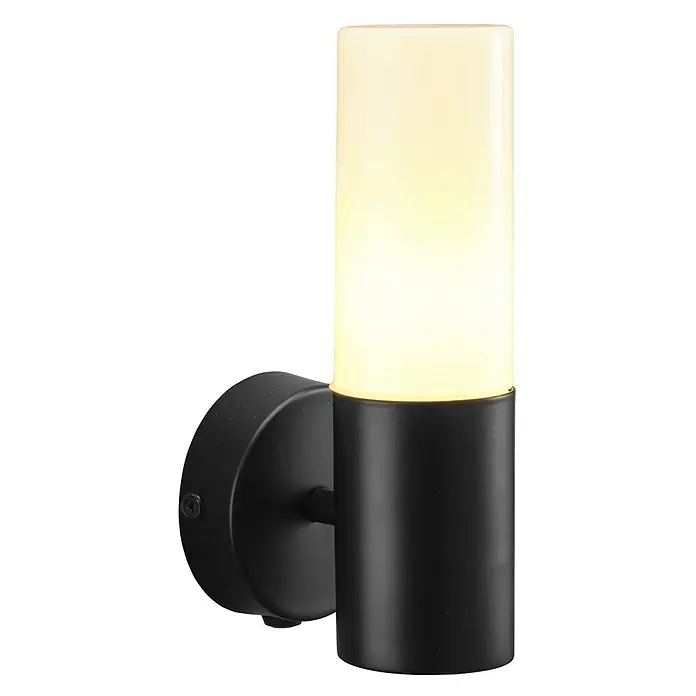 PR Home Wandleuchte Beta - 25 W, E14 - Schwarze zylindrische Wandleuchte mit weißem, mattiertem Diffusor, der warmes Licht abgibt.