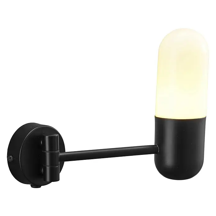 PR Home Wandleuchte Zeta Wandleuchte - 25 W, E14 - Schwarze Wandleuchte mit Arm und zylindrischem, weißem Opaldiffusor, warm leuchtend.