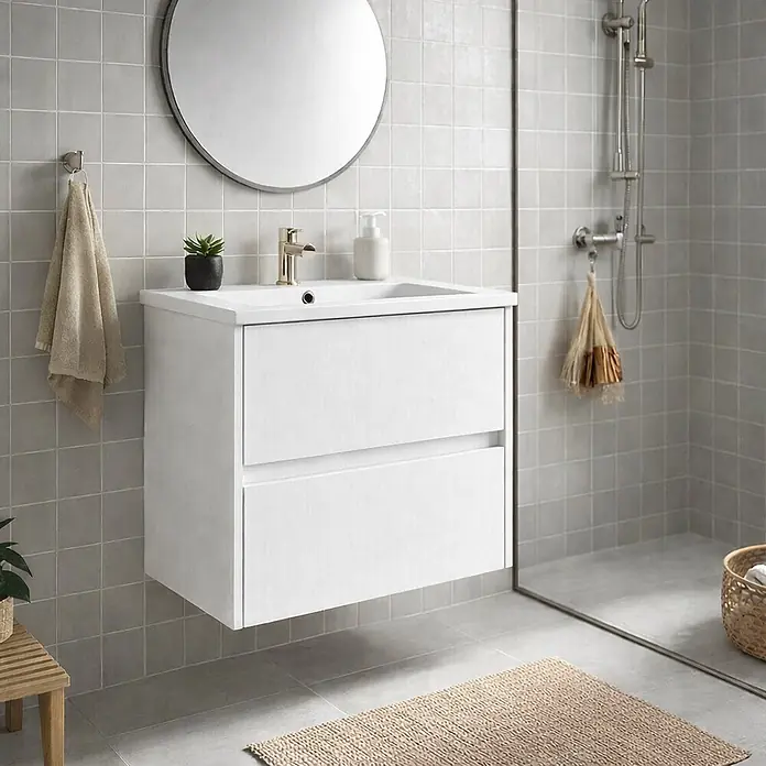 Mueble bajo de lavabo Ten - An x Pr x Al: 60 x 45 x 60 cm, Blanco - Mueble de baño flotante blanco con lavabo integrado y dos cajones, bajo un espejo redondo.