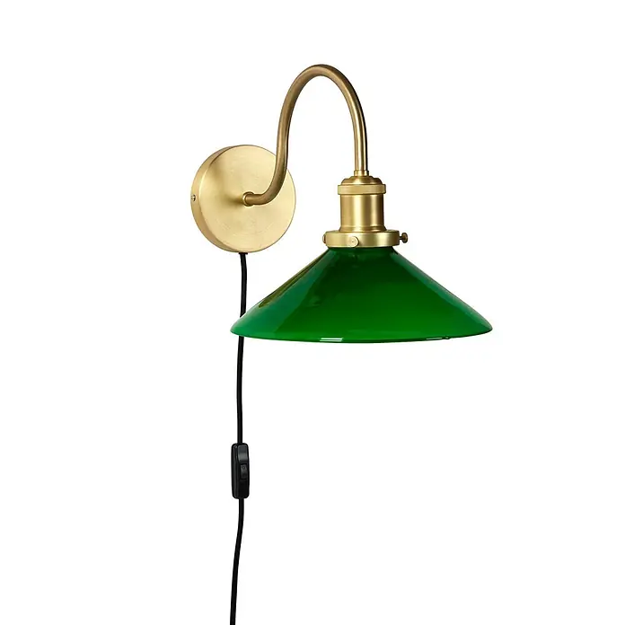 PR Home Wandleuchte Axel - 25 W, E27 - Messing Wandlampe mit grünem Konusschirm, schwarzem Kabel und Schalter.