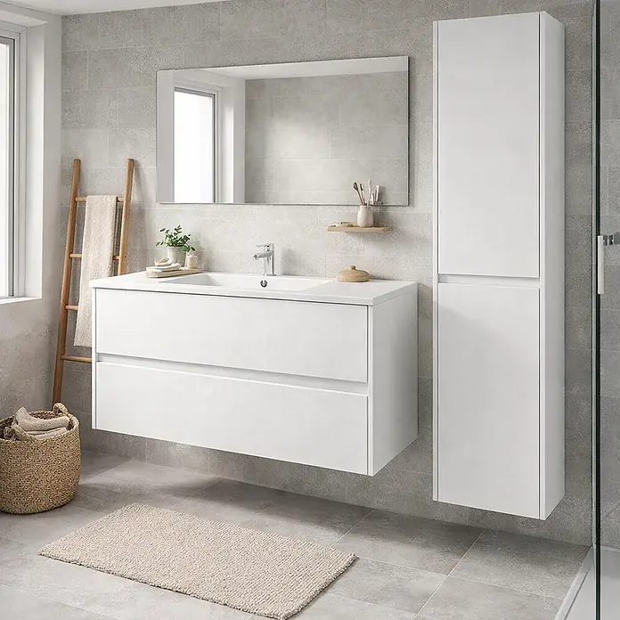 Mueble bajo de lavabo Ten - An x Pr x Al: 100 x 45 x 60 cm, Blanco - Mueble de baño flotante blanco con lavabo y dos cajones, combinado con un armario alto flotante a juego.