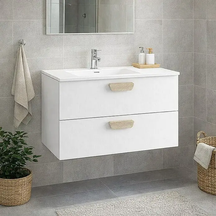 Mueble bajo de lavabo Sofia 2C - L x An x Al: 46 x 80 x 50 cm, Blanco mate tirador roble - Mueble de baño flotante blanco con dos cajones de tiradores de madera clara, lavabo integrado y grifo cromado.