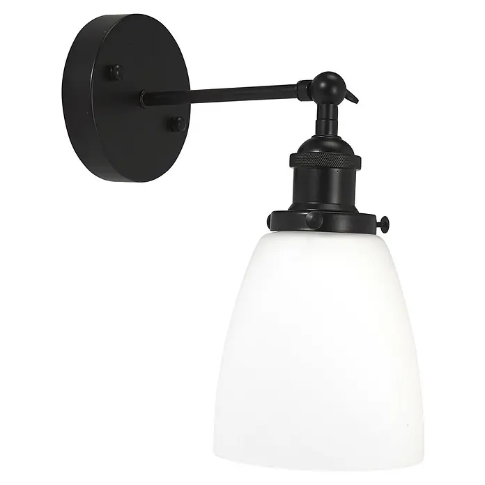 PR Home Wandleuchte Kappa - 15 W, E27 - Schwarze Wandleuchte aus Metall mit verstellbarem Arm und einem weißen konischen Glasschirm.