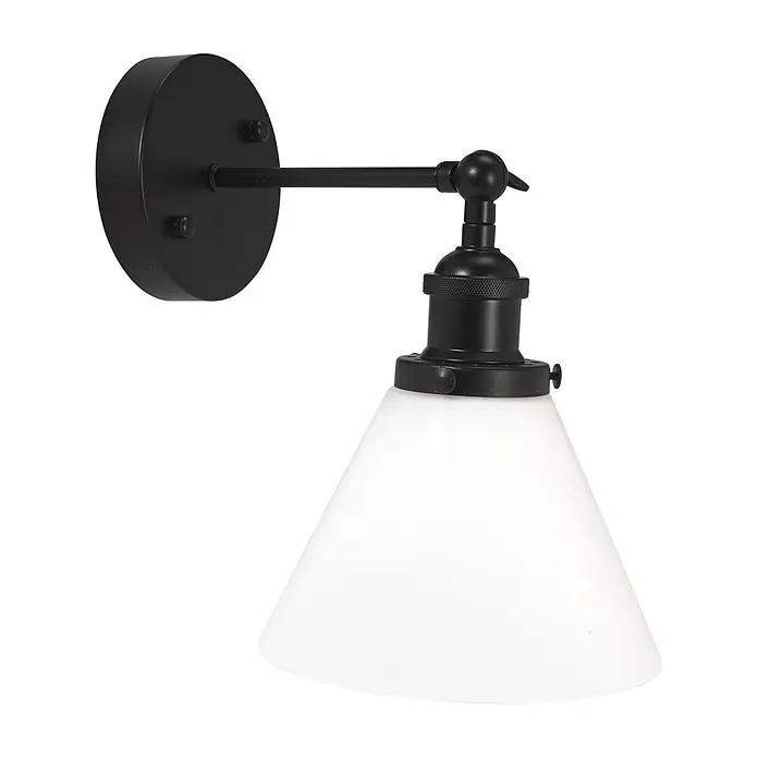 PR Home Wandleuchte Lambda - 15 W, E27 - Schwarze Metall-Wandleuchte mit verstellbarem Arm und weißem konischem Glasschirm.