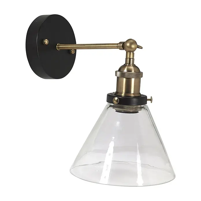 PR Home Wandleuchte Lambda - 15 W, E27 - Industrielle Wandleuchte aus Schwarz und Messing mit verstellbarem Arm und konischem Glasschirm.