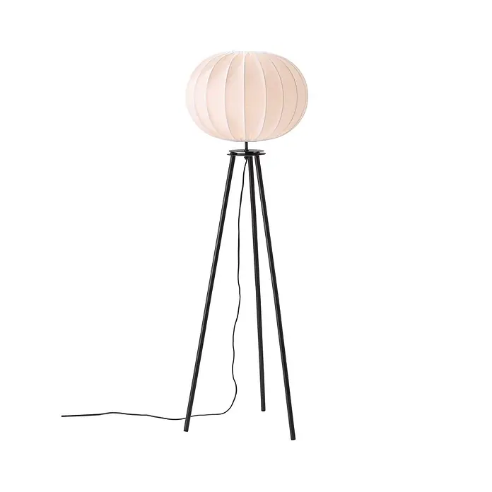 PR Home Stehleuchte schwarz - 40 W, E27 - Stehlampe mit kugelförmigem, hellem plissiertem Stoffschirm und schwarzem Dreibeingestell.