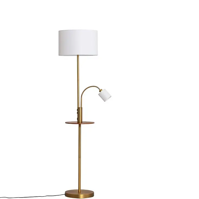 Lindby Stehleuchte Aovan - Höhe: 170 cm, bronze / altmessing, creme / amber, E27 - Goldene Stehleuchte mit weißem Stoffschirm, integrierter Holzablage und verstellbarer weißer Leselampe.