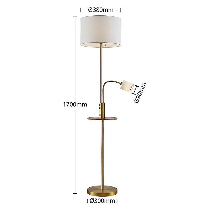 Lindby Stehleuchte Aovan - Höhe: 170 cm, bronze / altmessing, creme / amber, E27 - Goldene Stehleuchte mit weißem Trommelschirm, flexibler Leselampe und rundem Holztisch. Ideal für Raum- und Arbeitsbeleuchtung.