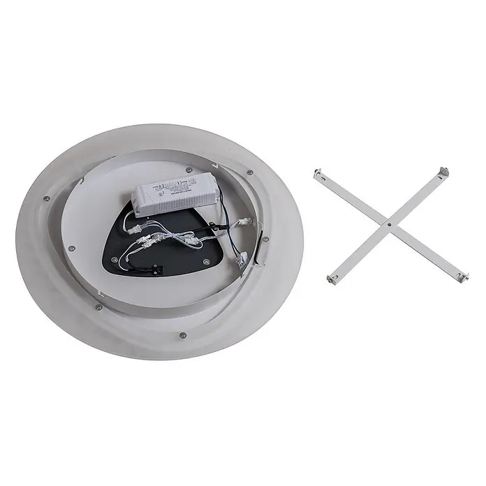 Lindby Deckenleuchte Rebeka - L x B x H: 70 x 70 x 5,5 cm, weiß / opal - Rückseite einer weißen, runden LED-Deckenleuchte mit Treiber und Verkabelung, daneben eine separate X-förmige Montagehalterung.