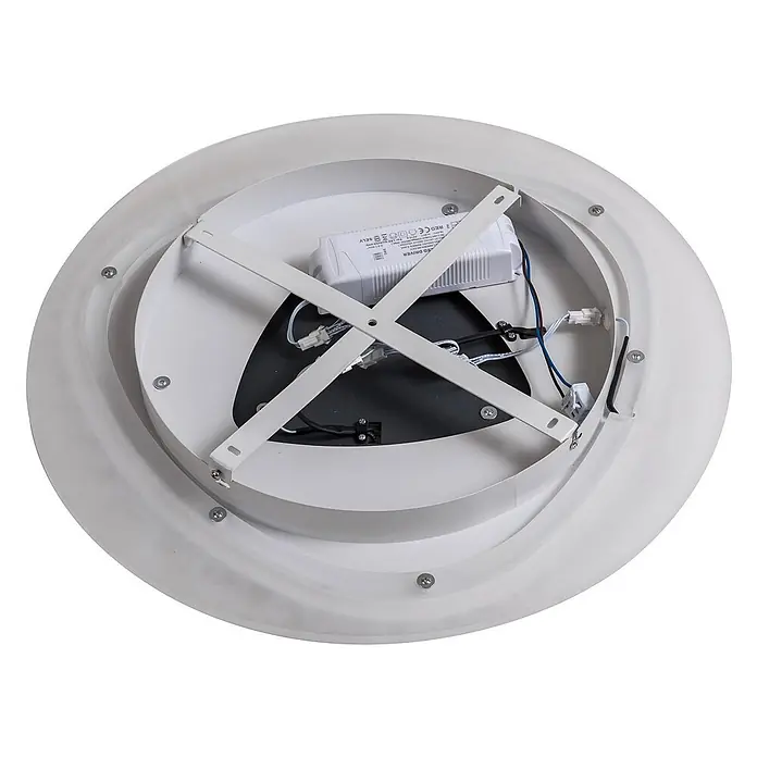 Lindby Deckenleuchte Rebeka - L x B x H: 70 x 70 x 5,5 cm, weiß / opal - Rückansicht einer weißen runden LED-Deckenleuchte mit Innenverkabelung, LED-Treiber und Montagehalterung.