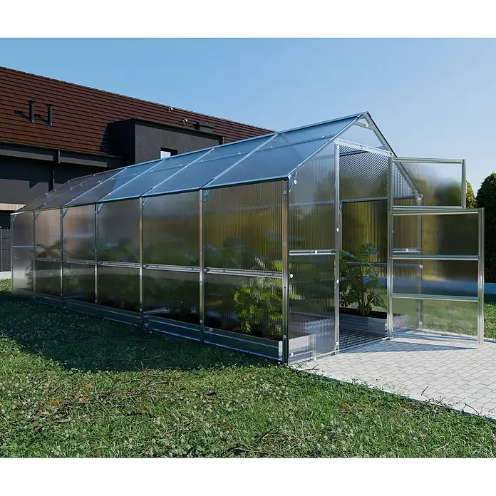 Klasika Greenhouses Gewächshaus Bernard Klasika - Außenmaß inkl. Dachüberstand (B x T): 235 x 600 cm, Material Seitenwand: Kunststoff, 4 mm, Silbergrau - Großes Gewächshaus mit lichtdurchlässigen Wänden und Metallrahmen, im Garten mit offenen Türen und Pflanzen.