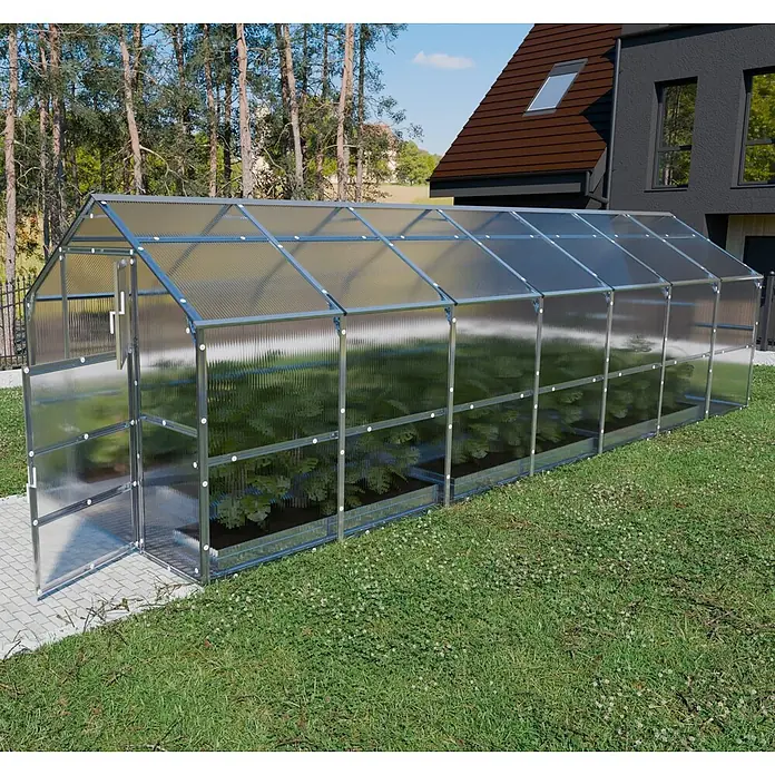 Klasika Greenhouses Gewächshaus Bernard Klasika - Außenmaß inkl. Dachüberstand (B x T): 235 x 700 cm, Material Seitenwand: Kunststoff, 4 mm, Silbergrau - Langes, transparentes Gewächshaus mit silbergrauem Rahmen im Garten, gefüllt mit Pflanzen, neben einem gepflasterten Weg und einem Haus.