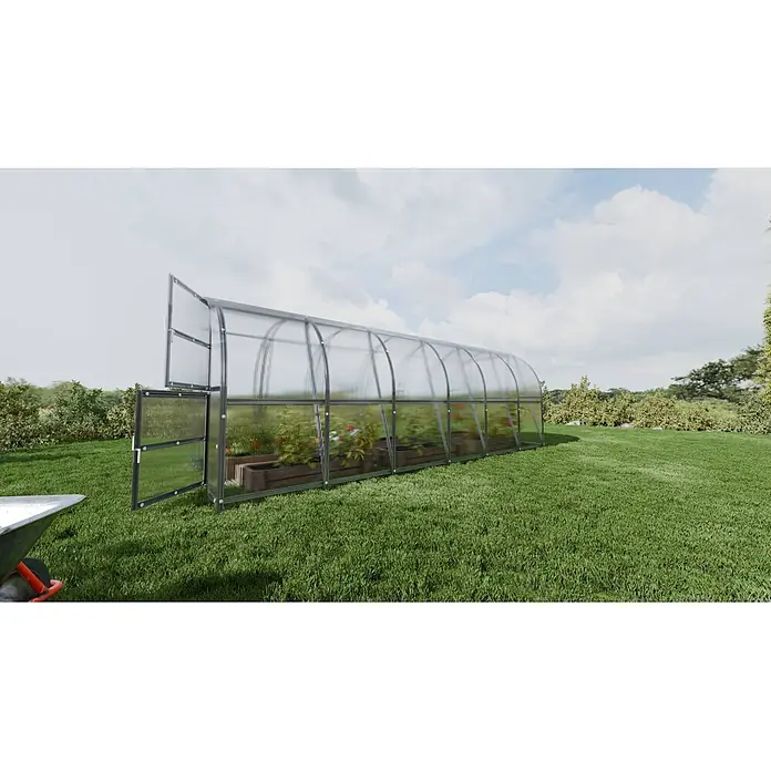 Klasika Greenhouses Gewächshaus Baltic Lt Klasika - Außenmaß inkl. Dachüberstand (B x T): 300 x 600 cm, Material Seitenwand: Kunststoff, 4 mm, Silbergrau - Gewölbtes Polycarbonat-Gewächshaus mit offener Tür, Pflanzen in Hochbeeten auf einer Grasfläche.