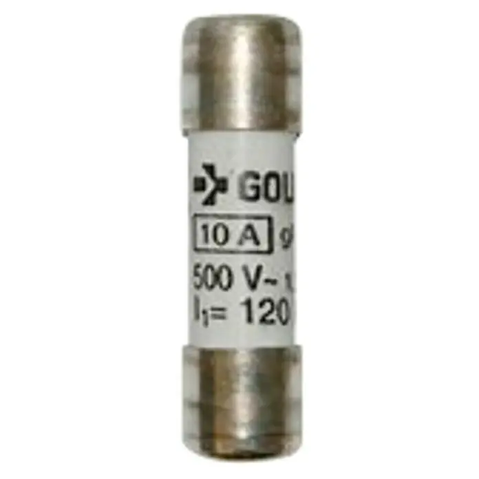 Rexel Fusible cerámico - 10 A, 500 V, Gris claro - Imagen de un fusible cilíndrico GOU de 10A 500V, esencial para proteger los circuitos eléctricos de daños por sobrecorriente.