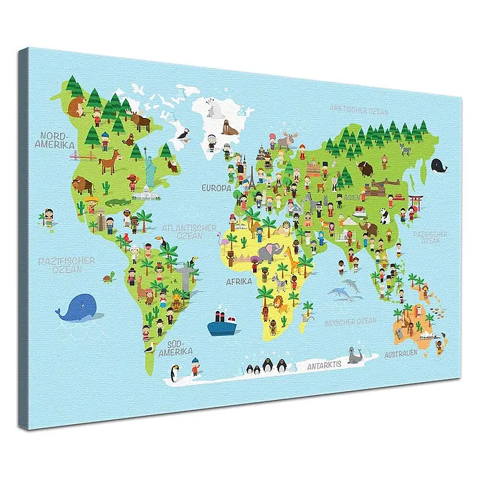 LanaKK Leinwandbild - Weltkarte, B x H: 80 x 60 cm - Bunter, cartoonhafter Weltkarten-Leinwanddruck mit Kontinenten, Tieren, Sehenswürdigkeiten und Menschen, deutsch beschriftet.
