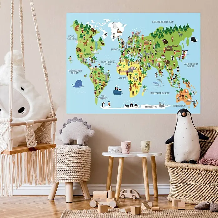 LanaKK Leinwandbild - Weltkarte, B x H: 80 x 60 cm - Großes, farbenfrohes, illustriertes Weltkartenposter mit Tieren und Sehenswürdigkeiten an der Wand eines Kinderzimmers.
