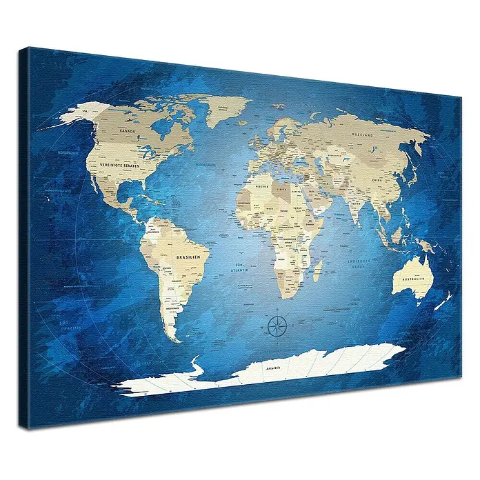 LanaKK Leinwandbild - Weltkarte, B x H: 120 x 80 cm - Eine detaillierte Weltkarte als Leinwandbild mit blauen Ozeanen und beigefarbenen Landmassen, Ländernamen auf Deutsch.