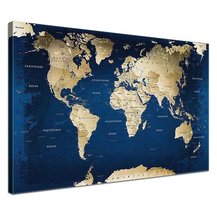 LanaKK Leinwandbild - Weltkarte, B x H: 120 x 80 cm - Dekorative Weltkarte auf Leinwand mit goldenen Landmassen und tiefblauen Ozeanen, mit deutscher Beschriftung.