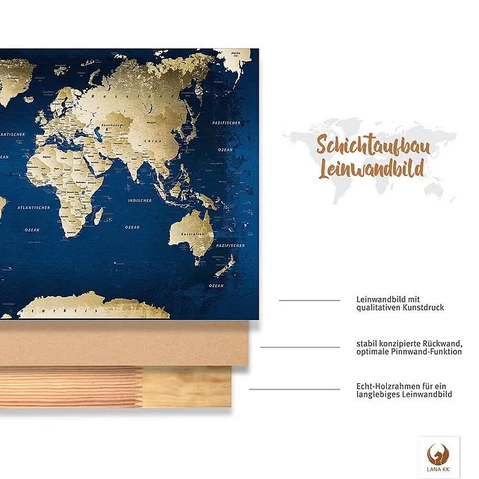 LanaKK Leinwandbild - Weltkarte, B x H: 120 x 80 cm - Schnittansicht einer blau-goldenen Weltkarte auf Leinwand, die Leinwand, Rückwand und Holzrahmen Schichten zeigt.