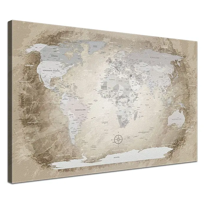 LanaKK Leinwandbild - Weltkarte, B x H: 80 x 60 cm - Vintage Weltkarte auf Leinwand in Sepia-Tönen, mit Ländernamen auf Deutsch, ideal als Wanddekoration.