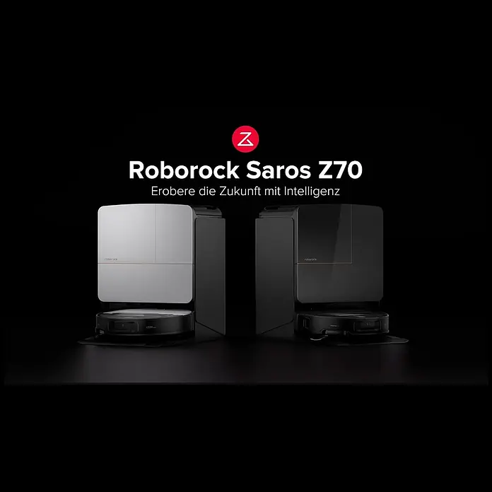 Roborock Saugwischroboter Saros Z70 R&D Black mit Wasseranschluss - Saugkraft: 22.000 Pa, Akkulaufzeit: 135 min, Fassungsvermögen Roboter: 350 ml, Schwarz - Saros Z70 - Erobere die Zukunft mit Intelligenz.