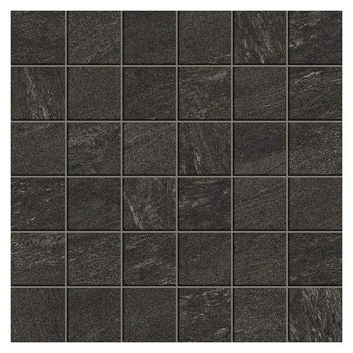 Atlas Concorde Solution Valmalenco Mosaikfliese Anthrazit - 30 x 30 cm, Anthrazit, Matt - Nahaufnahme eines Musters aus dunklen Mosaikfliesen mit leichter Textur und Fugenlinien.