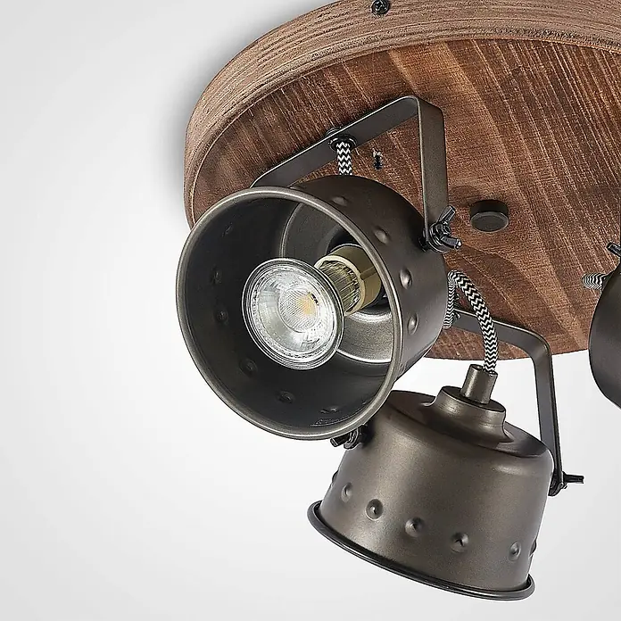 Lindby Deckenstrahler Rubinjo - Holz dunkel, GU10 - Runde Deckenleuchte aus Holz mit zwei verstellbaren, dunklen Metall-Spots im Industriestil.