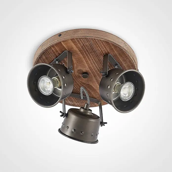 Lindby Deckenstrahler Rubinjo - Holz dunkel, GU10 - Deckenleuchte im Industriestil mit runder Holzbasis und drei verstellbaren dunklen Metallstrahlern.