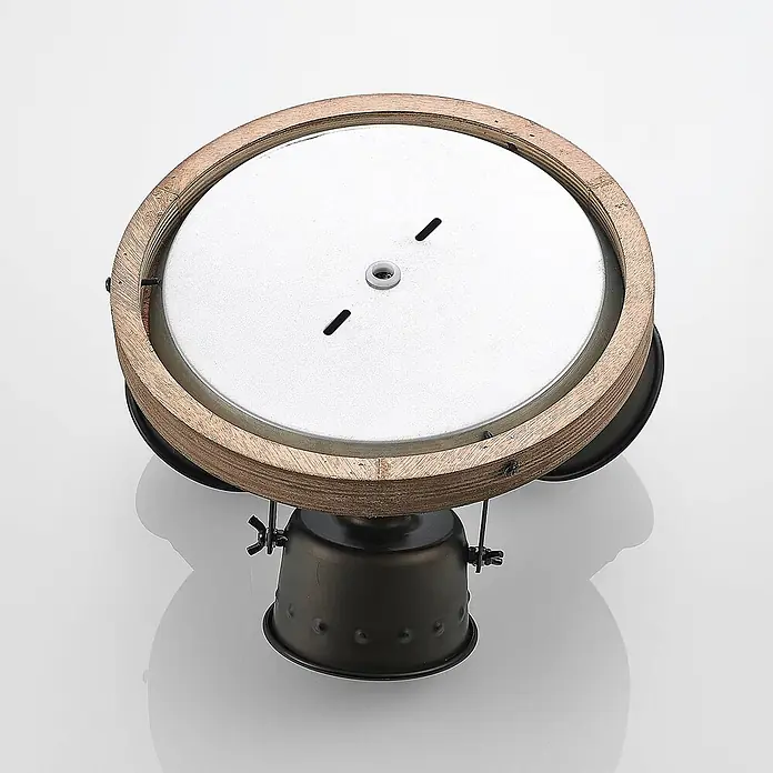Lindby Deckenstrahler Rubinjo - Holz dunkel, GU10 - Runde Deckenleuchte mit heller Metallplatte, umrandet von einem Holzring, mit drei dunklen Metallstrahlern.