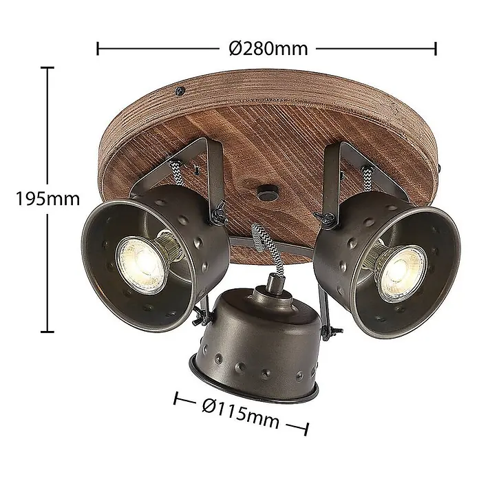 Lindby Deckenstrahler Rubinjo - Holz dunkel, GU10 - Dreiflammiger Deckenstrahler im Industriestil mit beleuchteten, verstellbaren Dunkelmetallköpfen auf rundem Holzsockel.