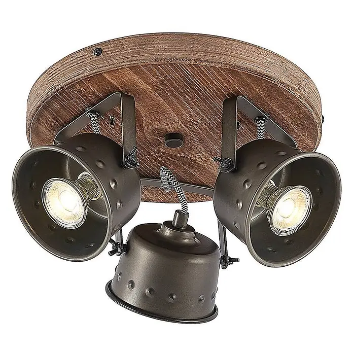 Lindby Deckenstrahler Rubinjo - Holz dunkel, GU10 - Rustikaler Deckenstrahler mit runder Holzbasis und drei verstellbaren dunklen Metallköpfen, verbunden mit geflochtenen Kabeln.