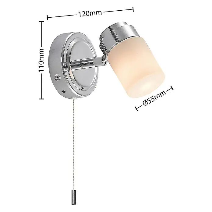 Lindby Wandleuchte Alimari - L x B x H: 12,3 x 9 x 10,6 cm, chrom / silber, G9 - Verstellbarer Wandstrahler aus Chrom mit satiniertem Glasschirm und Zugschalter. Maße: 120x110mm, Schirm-Ø55mm.
