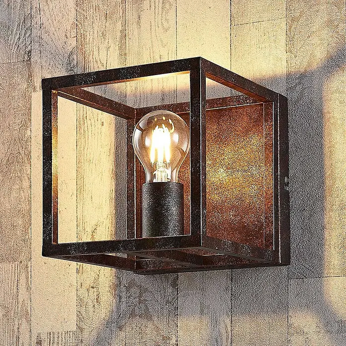 Lindby Wandleuchte Emin - braun / rost, braun / rost, E27 - Wandleuchte im Industriestil mit dunklem, gerostetem Metallkäfigrahmen und freiliegender Glühbirne.