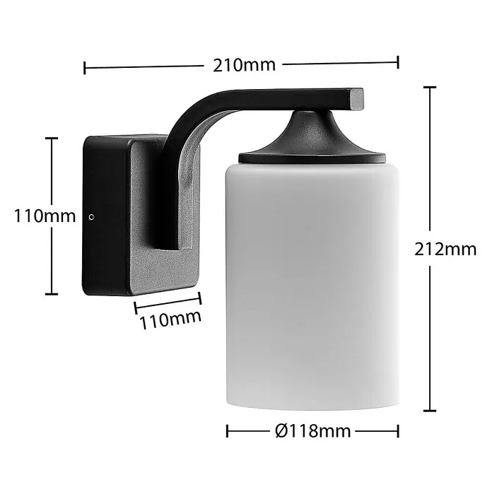 Lindby Außenwandleuchte Yannis - 21 x 11,8 x 21,2 cm, alu / grau / zink, creme / amber, IP43 - Schwarze moderne Wandleuchte mit gebogenem Arm und zylindrischem weißen Glasschirm.